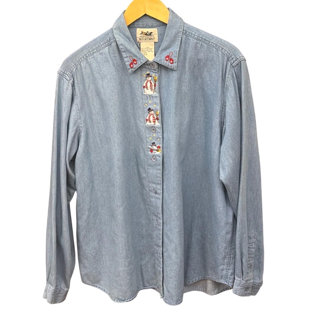 90's Northern Reflections Denim Shirt Snowman Christmas Grandma Core Holiday
